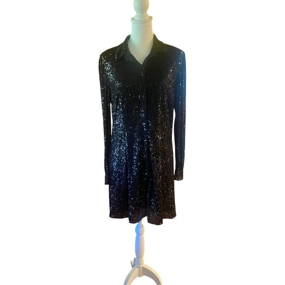 Parker Black Sequin Long Sleeve Button Front Mini Dress Womens Size 12 - Picture 1 of 5